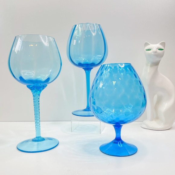 Vtg Empoli Italian MCM Glass Brandy Snifter Pedestal Vase Blue Optic ~ 13 Inches - Picture 6 of 6